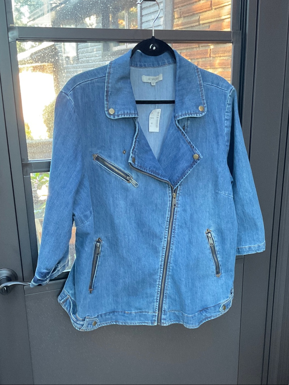 Lightweight Blue Denim Moto Jacket with Asymmetrical Zip